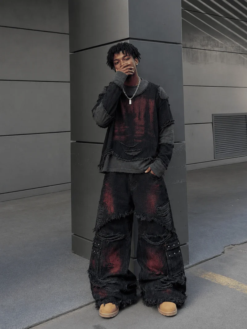 KIIKIO Two-Tone Raw Edge Patchwork Layered Long Sleeve Tee