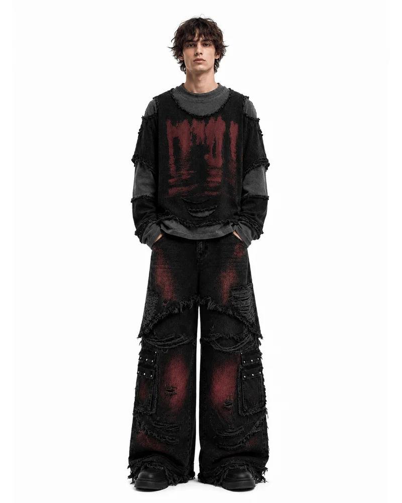 KIIKIO Two-Tone Raw Edge Patchwork Layered Long Sleeve Tee