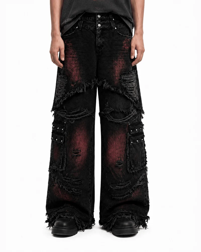 KIIKIO Gradient Red Frayed Cargo Wide Leg Denim Pants