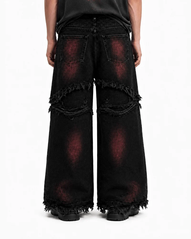 KIIKIO Gradient Red Frayed Cargo Wide Leg Denim Pants
