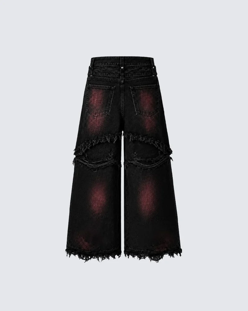 KIIKIO Gradient Red Frayed Cargo Wide Leg Denim Pants