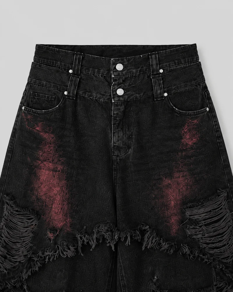 KIIKIO Gradient Red Frayed Cargo Wide Leg Denim Pants
