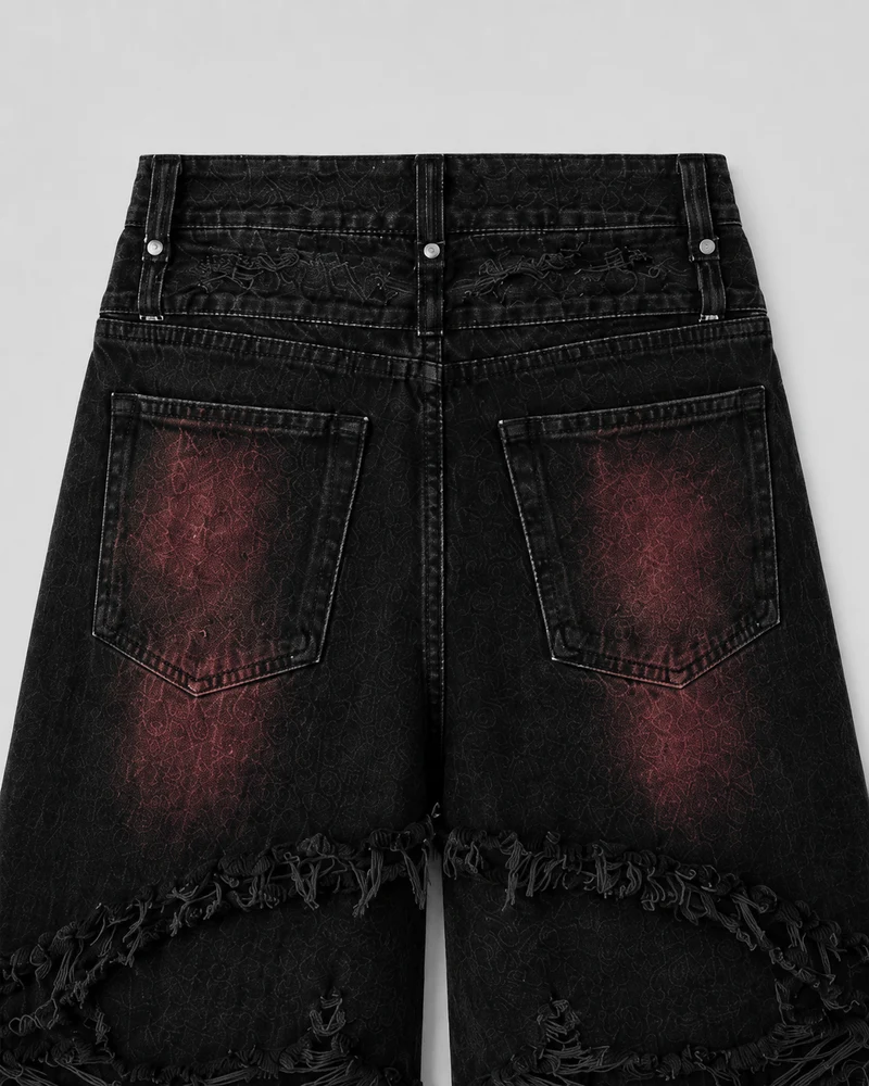 KIIKIO Gradient Red Frayed Cargo Wide Leg Denim Pants
