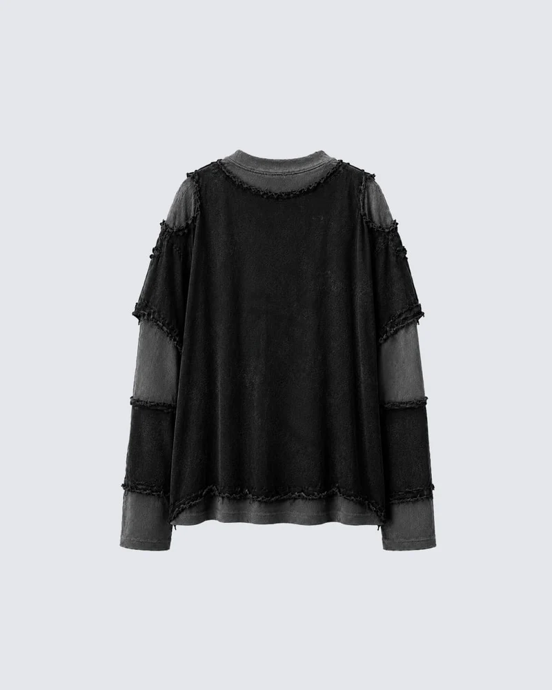 KIIKIO Two-Tone Raw Edge Patchwork Layered Long Sleeve Tee