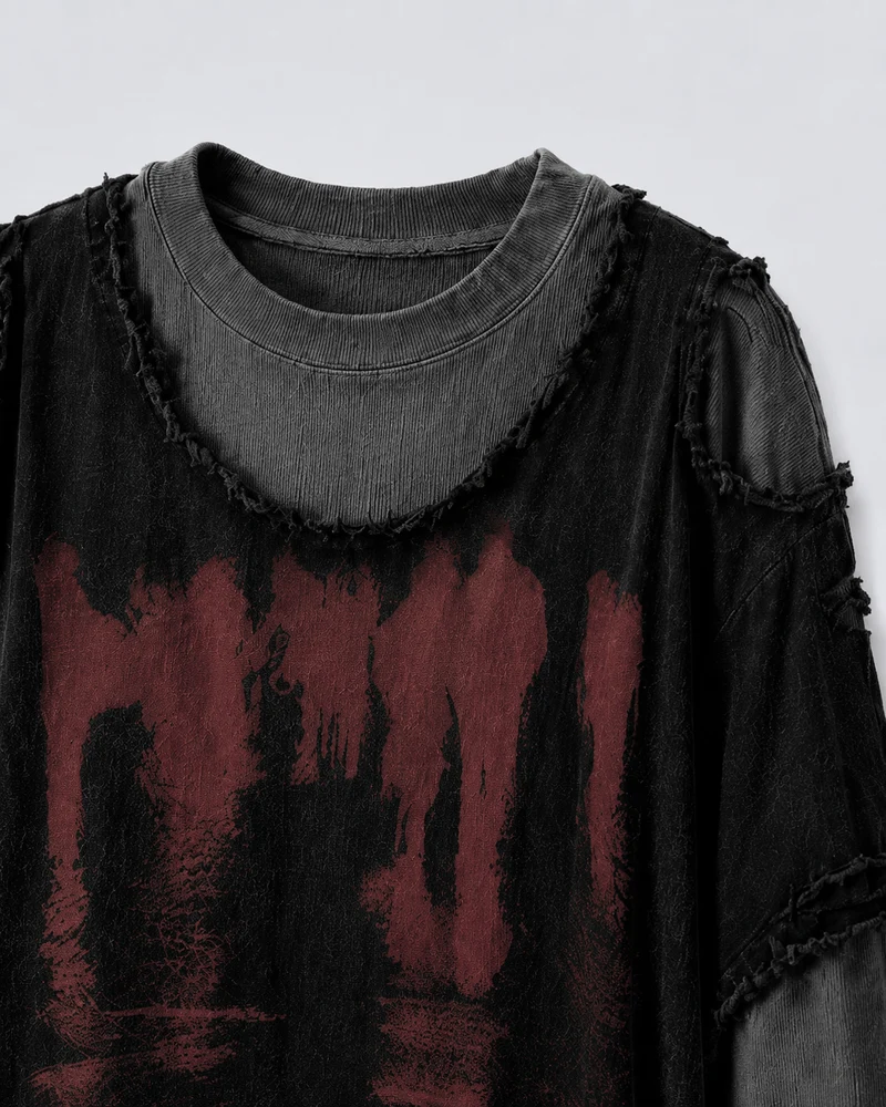 KIIKIO Two-Tone Raw Edge Patchwork Layered Long Sleeve Tee