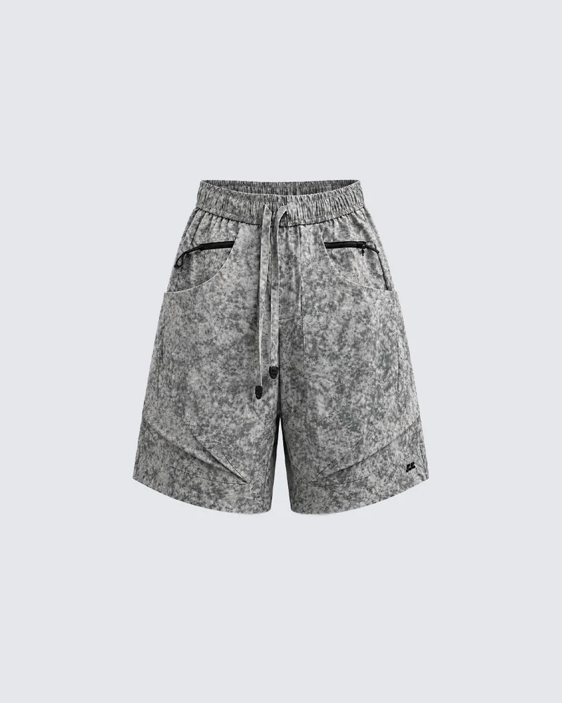 Grey Floral-Texture Utility Drawstring Shorts New