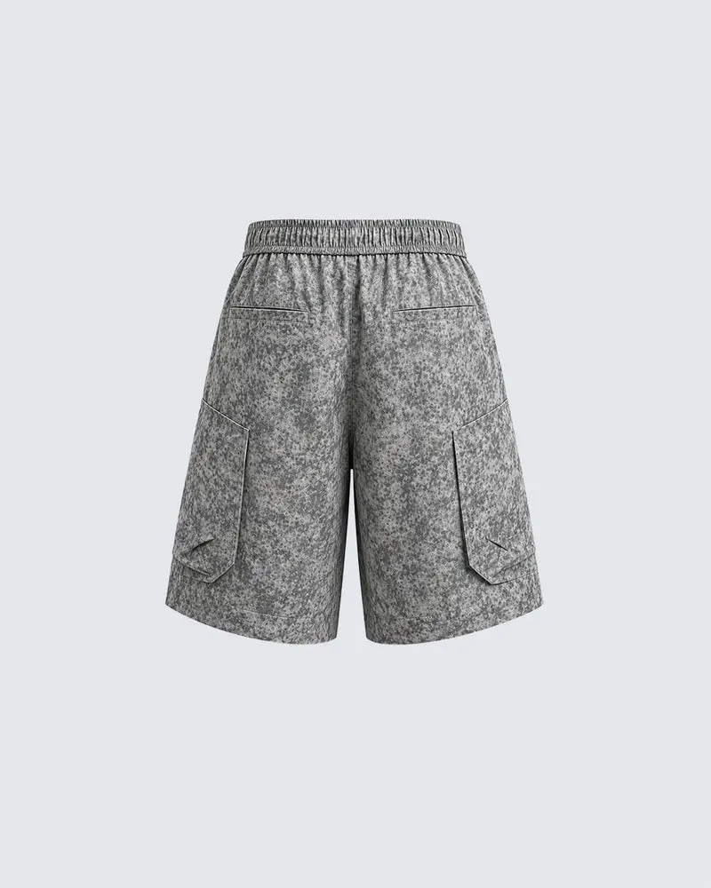 Grey Floral-Texture Utility Drawstring Shorts New