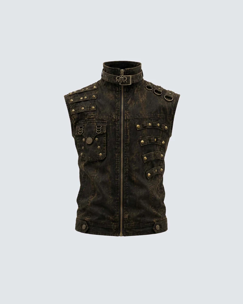 KIIKIO Retro-Style Distressed Metal-Rivet Versatile Vest