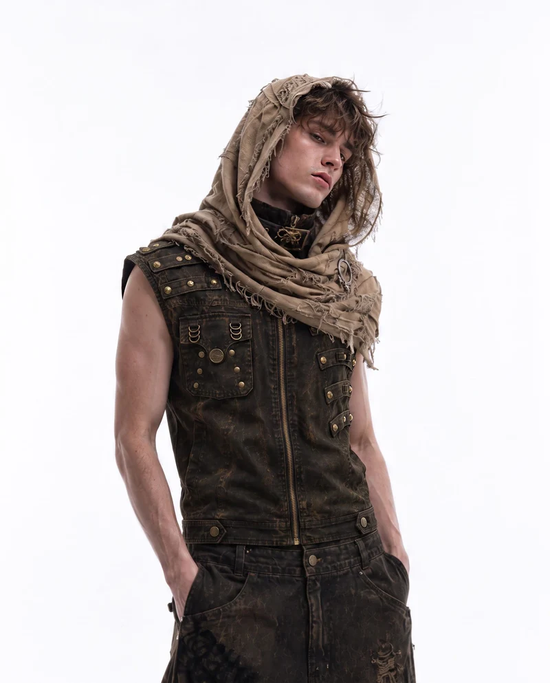 KIIKIO Retro-Style Distressed Metal-Rivet Versatile Vest