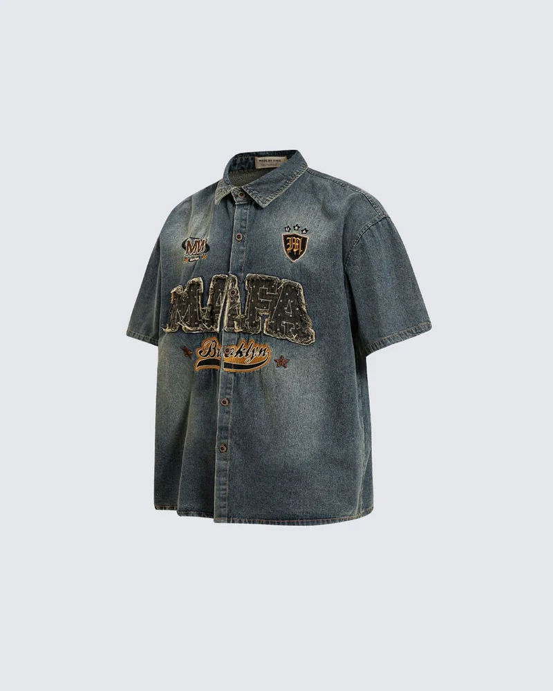 Vintage Distressed Denim Short-Sleeved Shirt