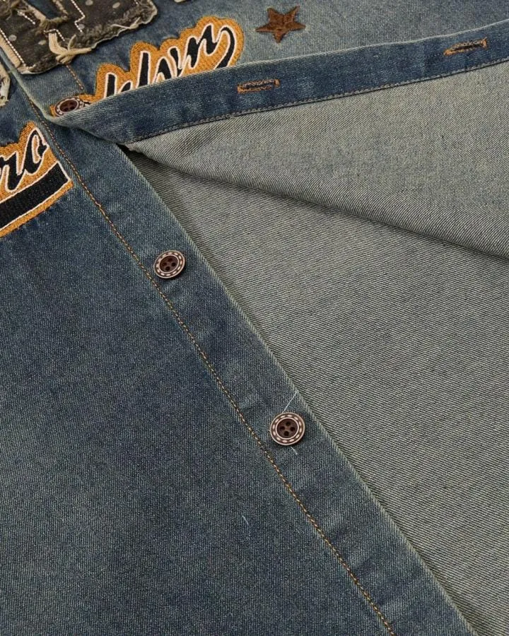 Vintage Distressed Denim Short-Sleeved Shirt