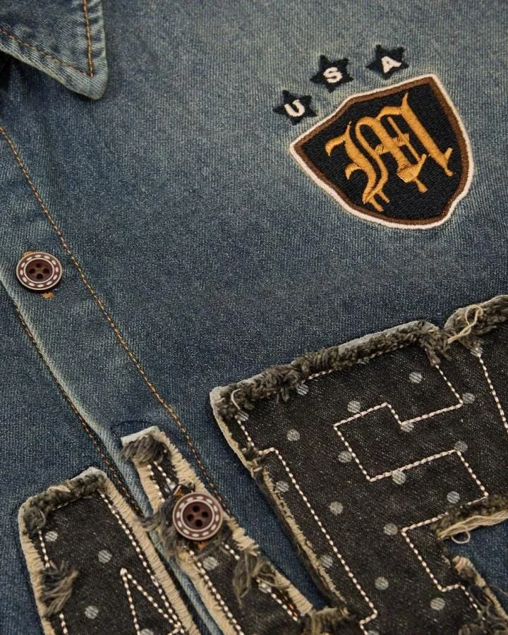 Vintage Distressed Denim Short-Sleeved Shirt