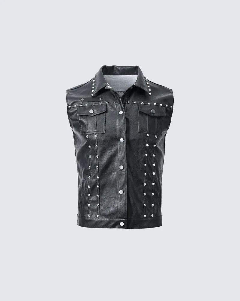 Collared Punk Vest With Rivets Motorbike Style
