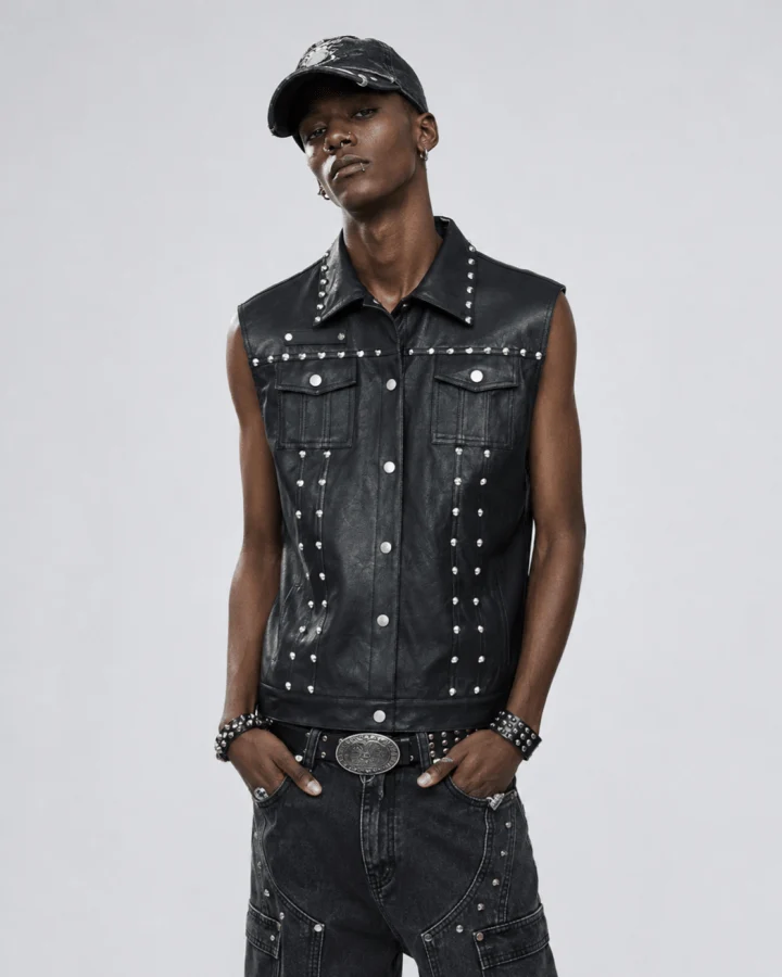 Collared Punk Vest With Rivets Motorbike Style