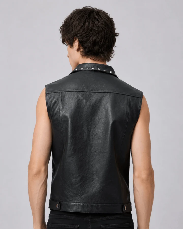 Collared Punk Vest With Rivets Motorbike Style