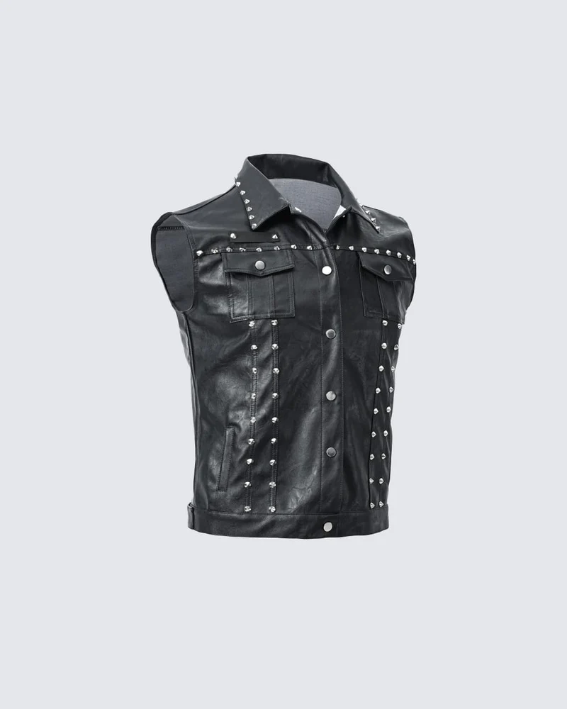 Collared Punk Vest With Rivets Motorbike Style