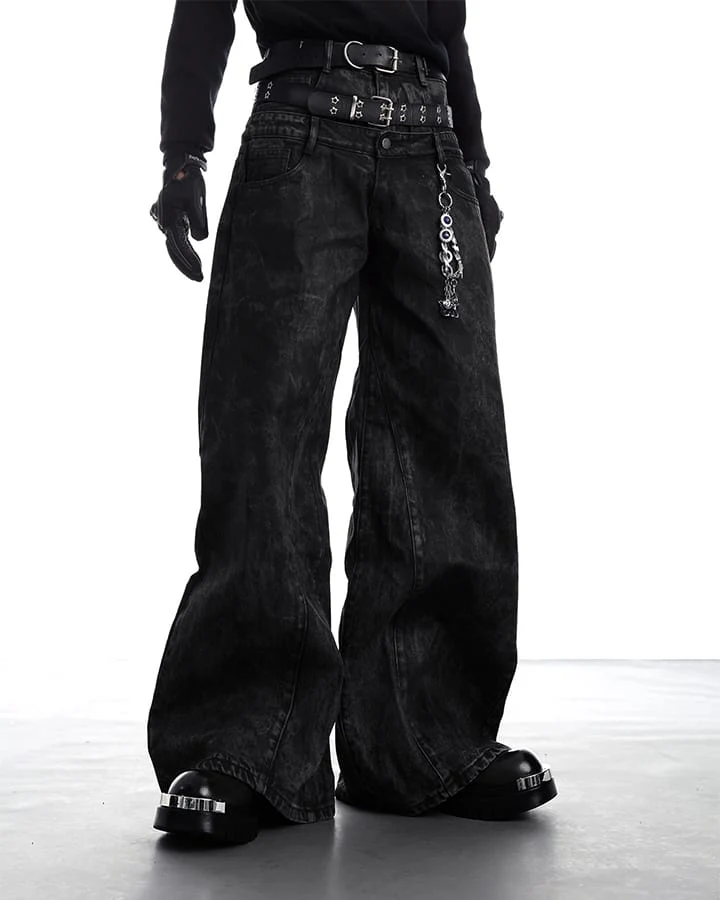 New Red Acid Wash Gothic Wide Leg Jeans