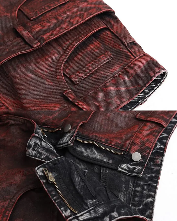 New Red Acid Wash Gothic Wide Leg Jeans