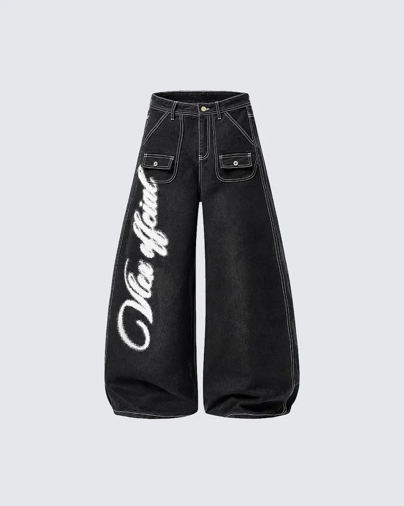 New Gothic Angel Wing Graffiti Wide Leg Jeans