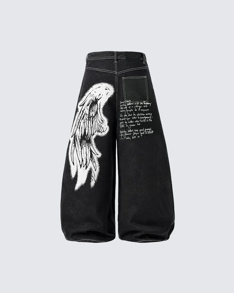 New Gothic Angel Wing Graffiti Wide Leg Jeans