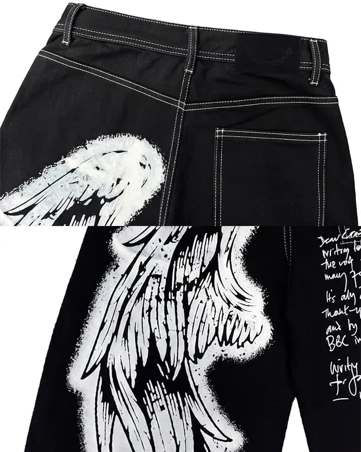New Gothic Angel Wing Graffiti Wide Leg Jeans