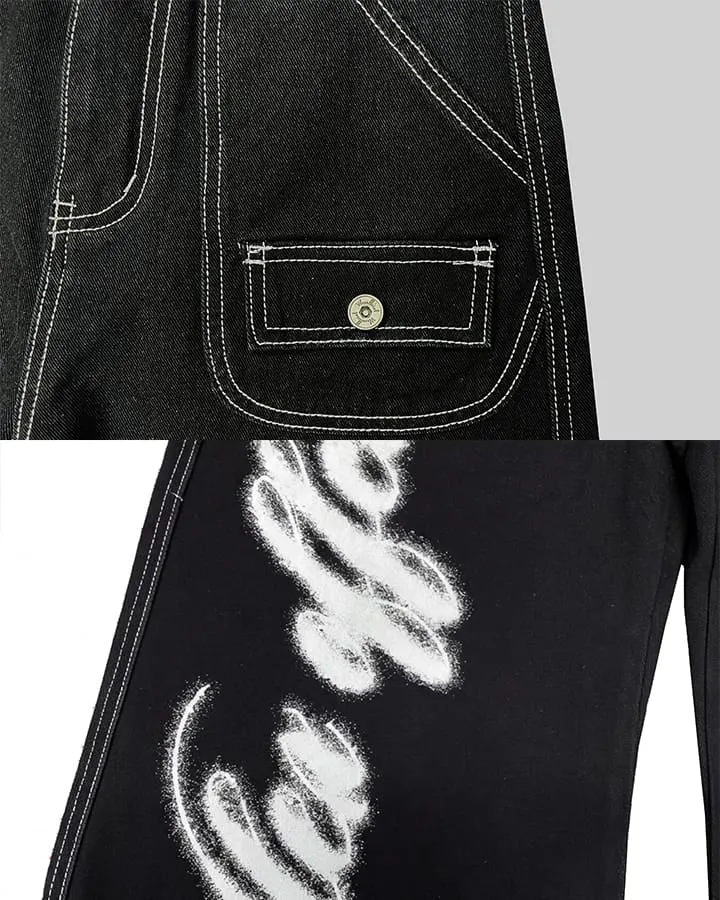 New Gothic Angel Wing Graffiti Wide Leg Jeans