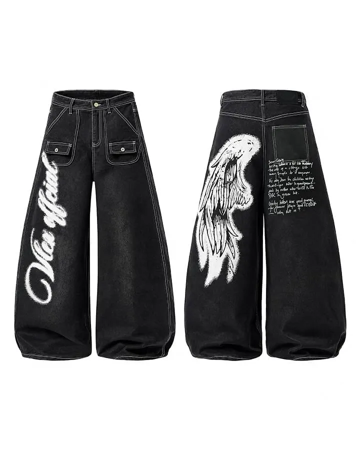 New Gothic Angel Wing Graffiti Wide Leg Jeans