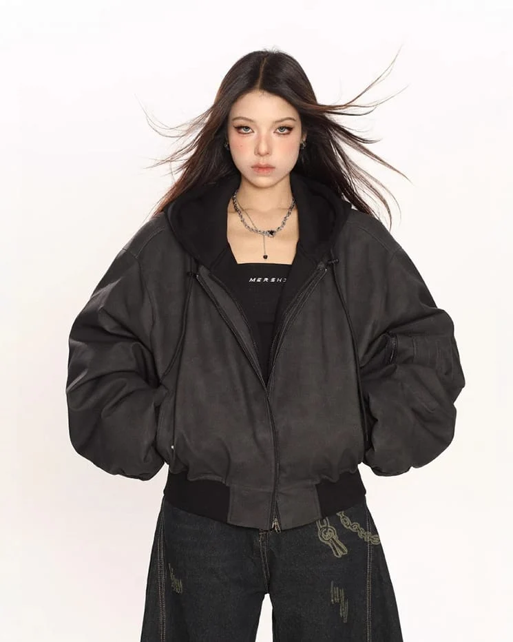 Black Leather Bomber Hoodie Jacket