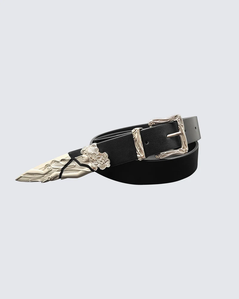 Silver-Embellished Black Eco-Leather Belt