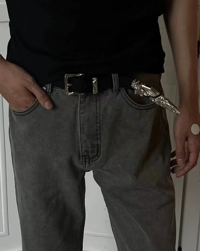 Silver-Embellished Black Eco-Leather Belt