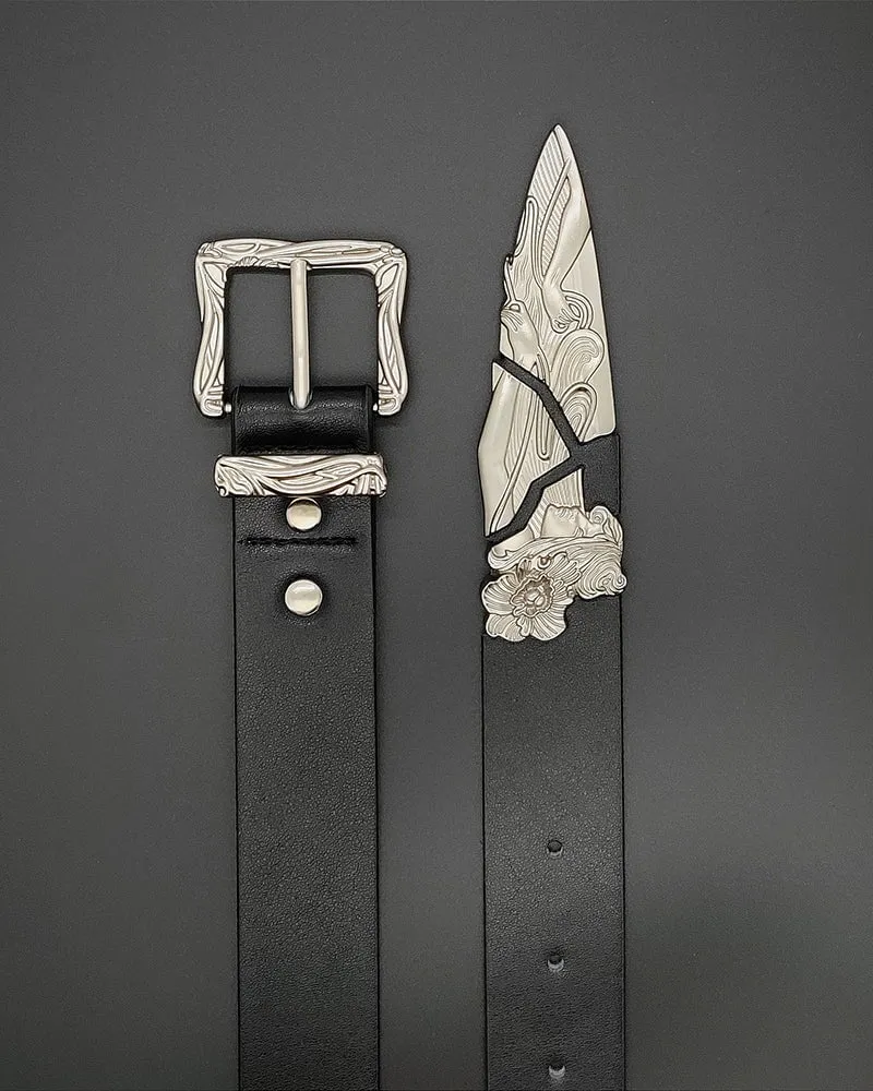 Silver-Embellished Black Eco-Leather Belt