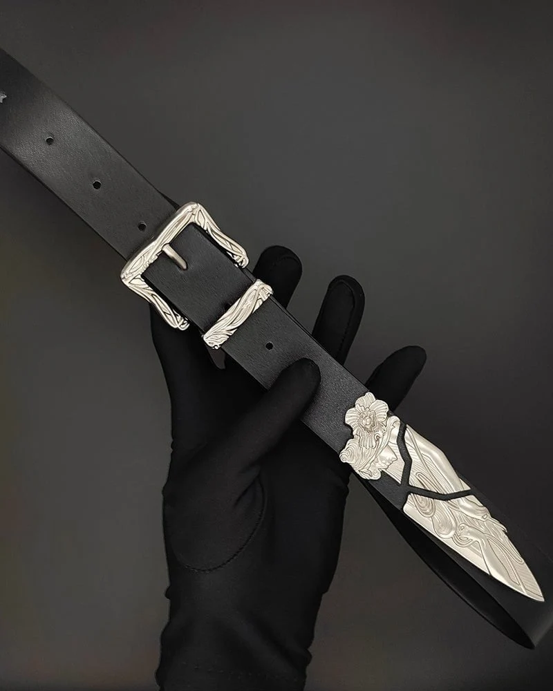 Silver-Embellished Black Eco-Leather Belt