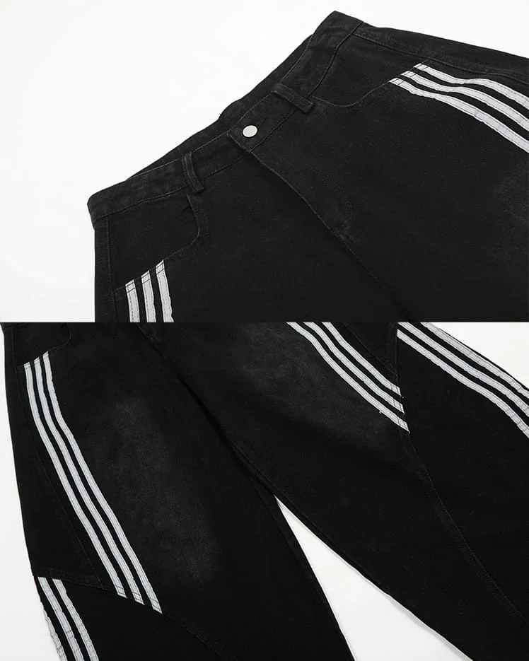Contrast Striped Wide-Leg Denim Pants