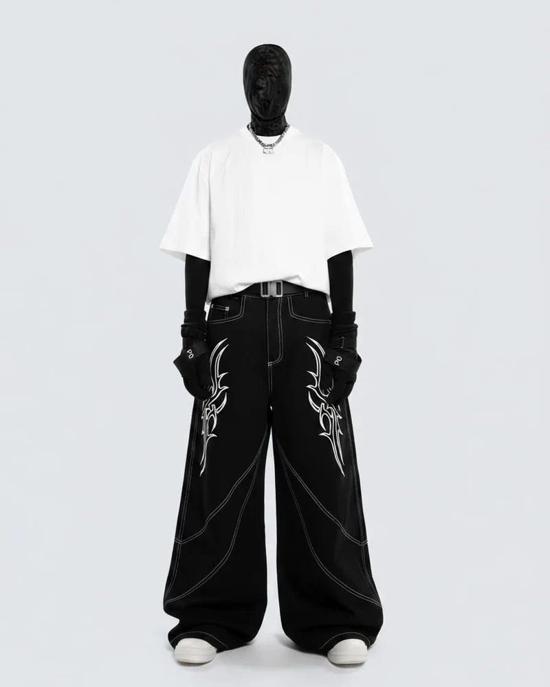 Rebellious Threads—Bold Black Denim Pants