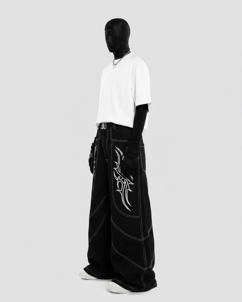 Rebellious Threads—Bold Black Denim Pants
