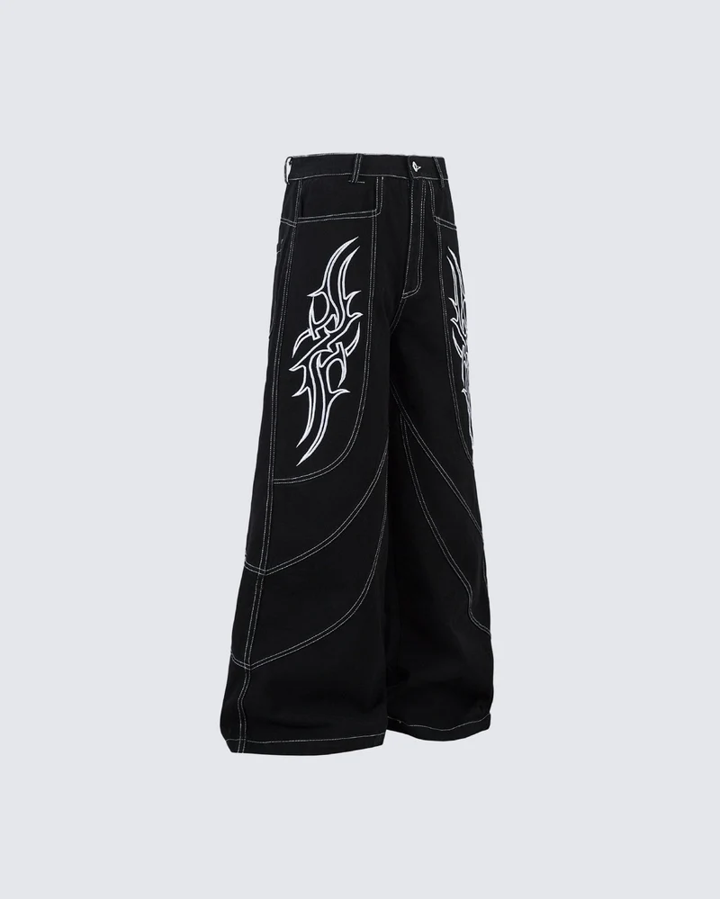Rebellious Threads—Bold Black Denim Pants