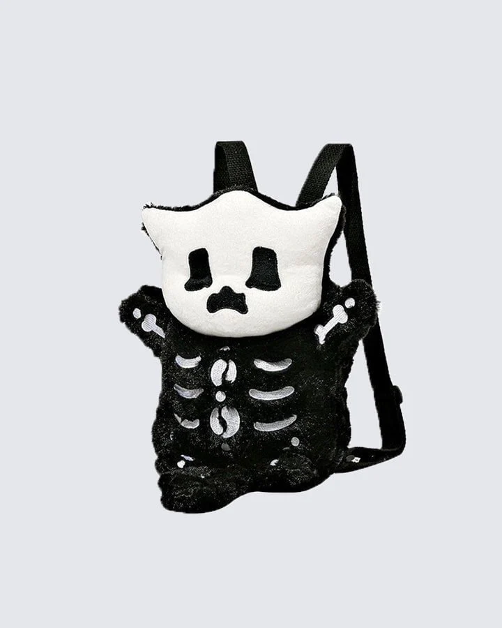 Plush Skeleton Cat Backpack with Cute Face