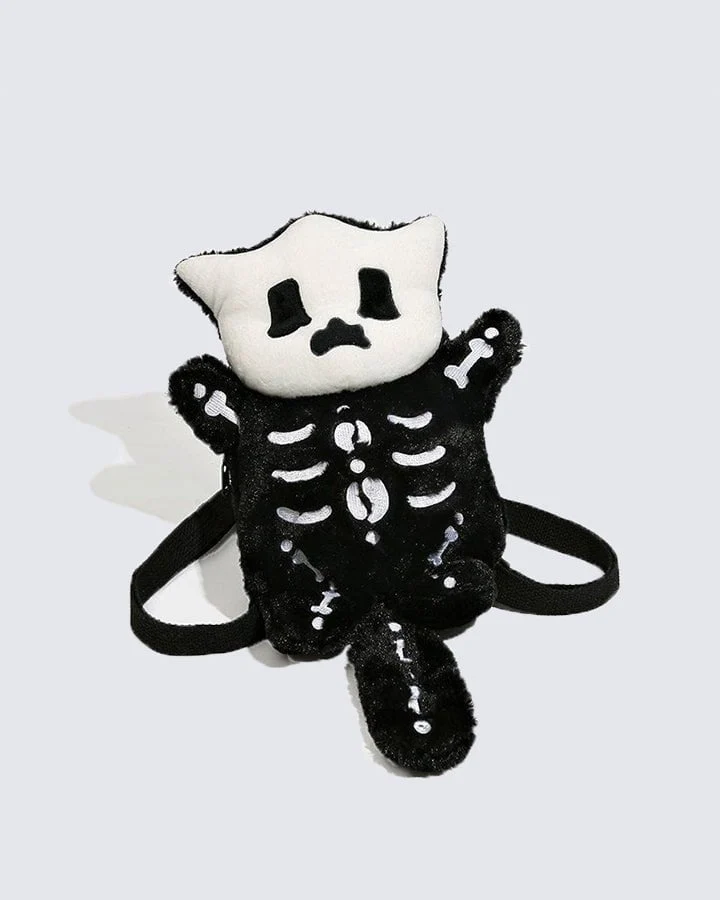 Plush Skeleton Cat Backpack with Cute Face