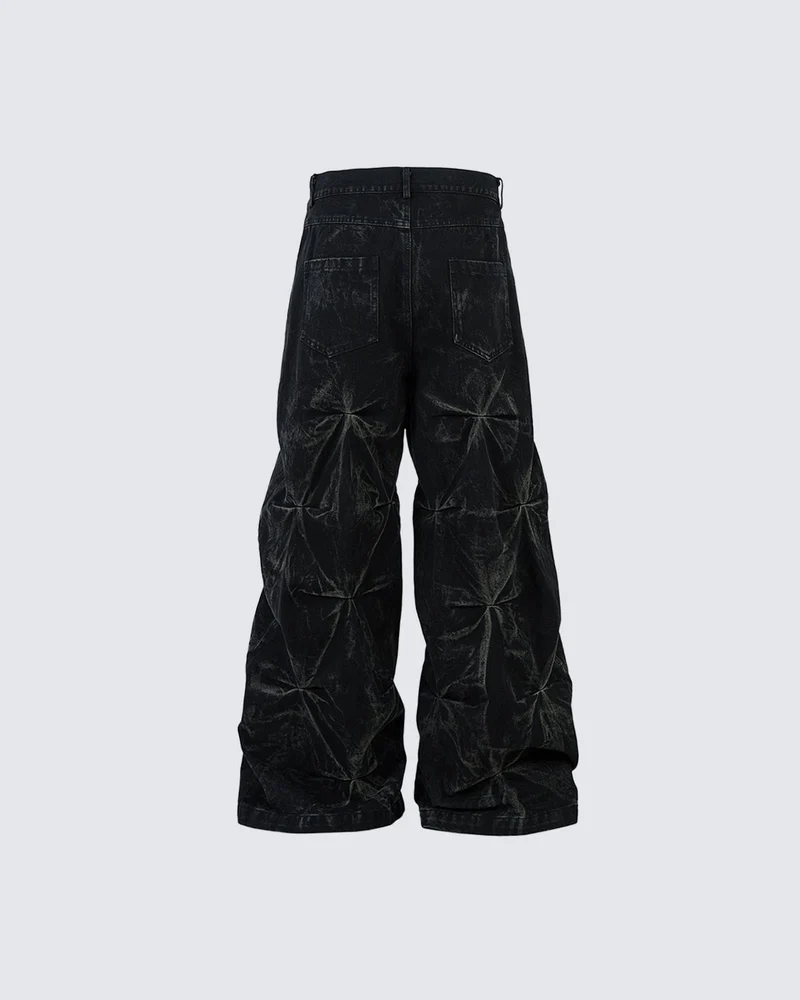 Crinkled Denim Cargo Pants