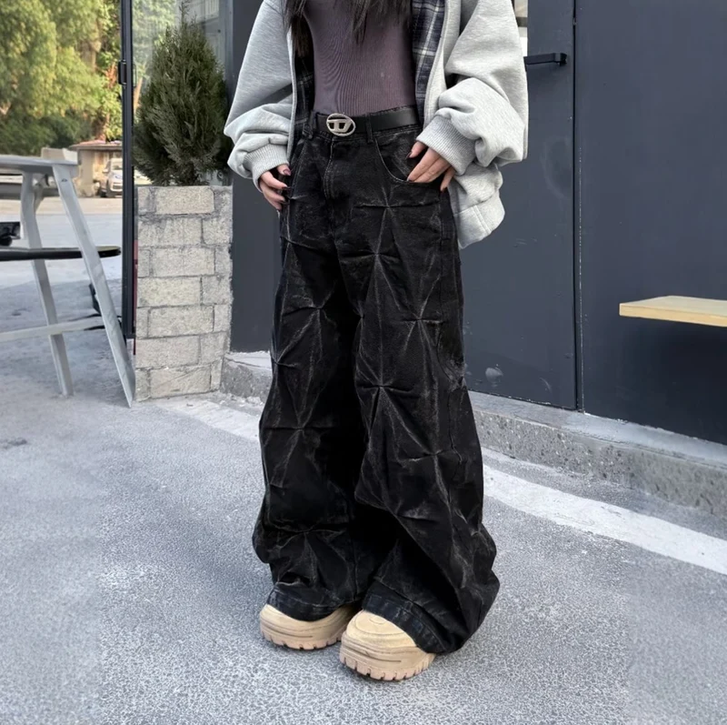 Crinkled Denim Cargo Pants