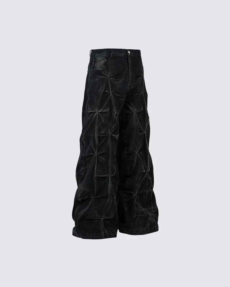 Crinkled Denim Cargo Pants