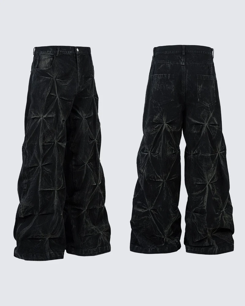 Crinkled Denim Cargo Pants