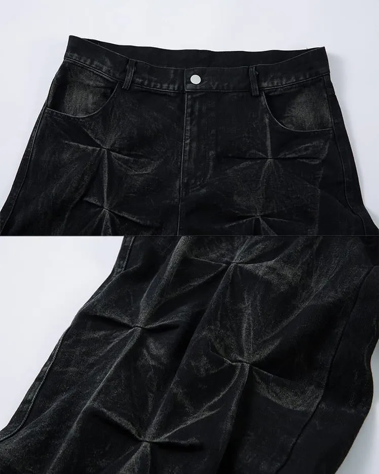 Crinkled Denim Cargo Pants