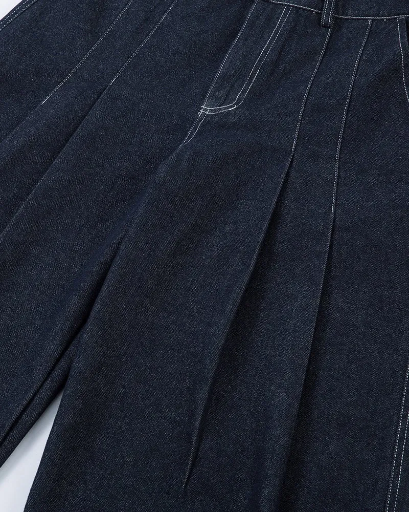 Wide-Leg Pleated Denim Trousers