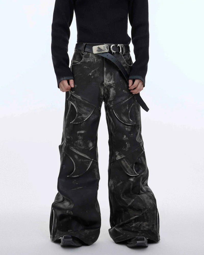 Niche Deconstructed Vintage Heavyweight PU Leather Pants