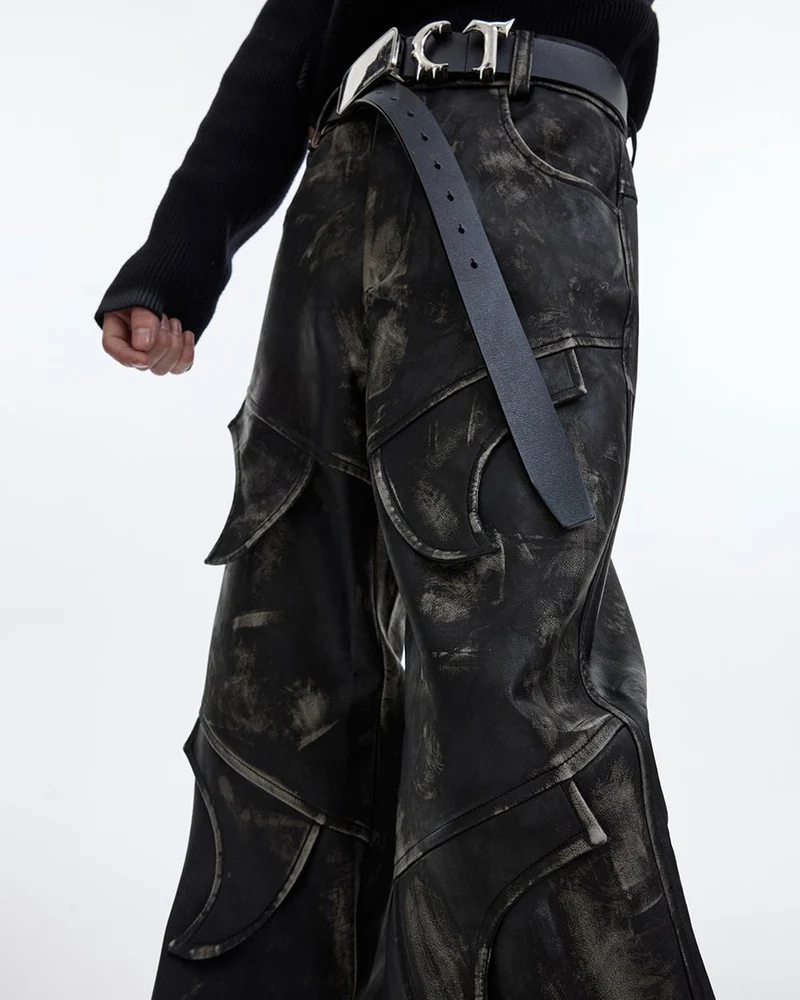Niche Deconstructed Vintage Heavyweight PU Leather Pants