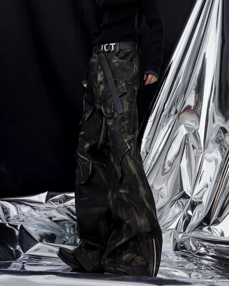 Niche Deconstructed Vintage Heavyweight PU Leather Pants