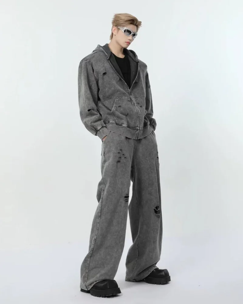 Distressed Washed Zip-Up Hoodie