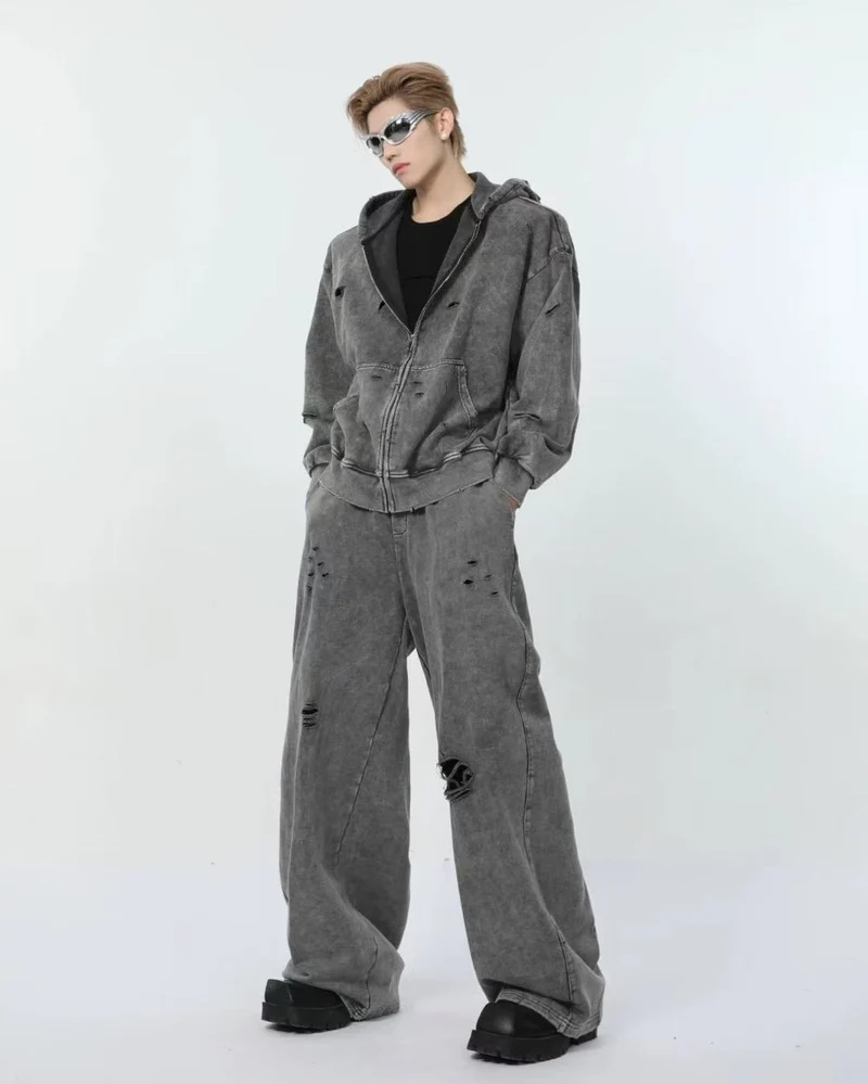 Distressed Washed Zip-Up Hoodie
