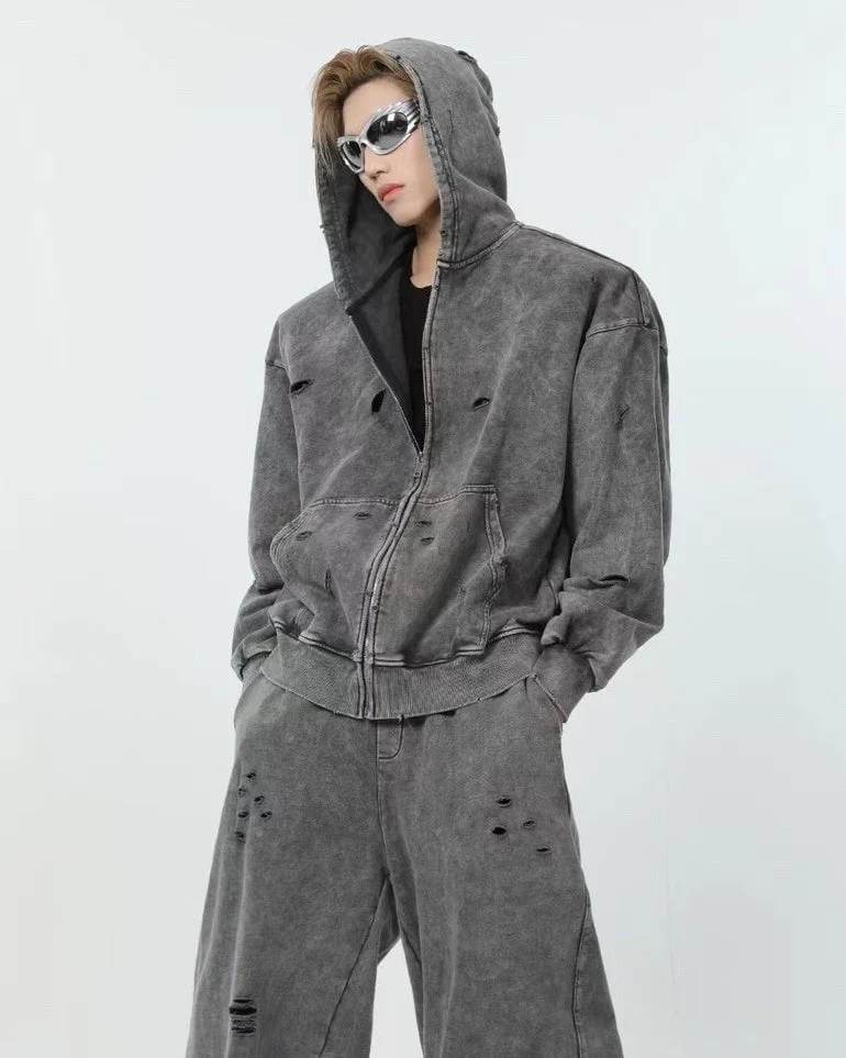 Distressed Washed Zip-Up Hoodie